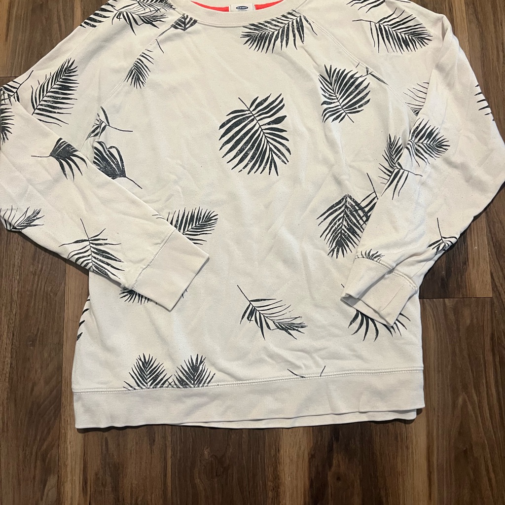 Old Navy White Crewneck Sweater With Black Leaf Print